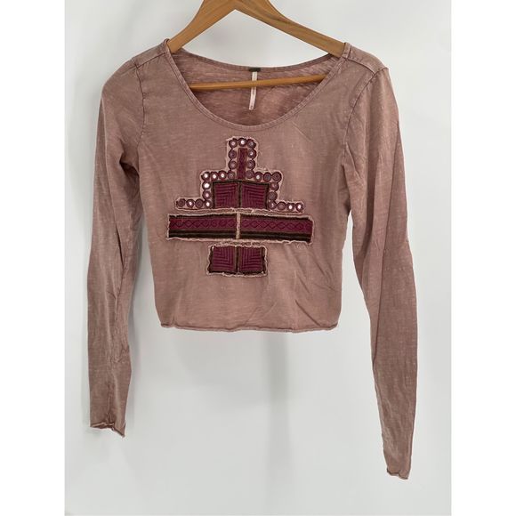 Free People Top Crop Women XS Pink Mauve Embroidered V Neck Bohemian Flutter - Picture 1 of 13